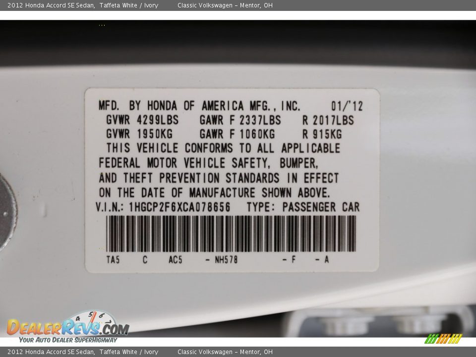2012 Honda Accord SE Sedan Taffeta White / Ivory Photo #17