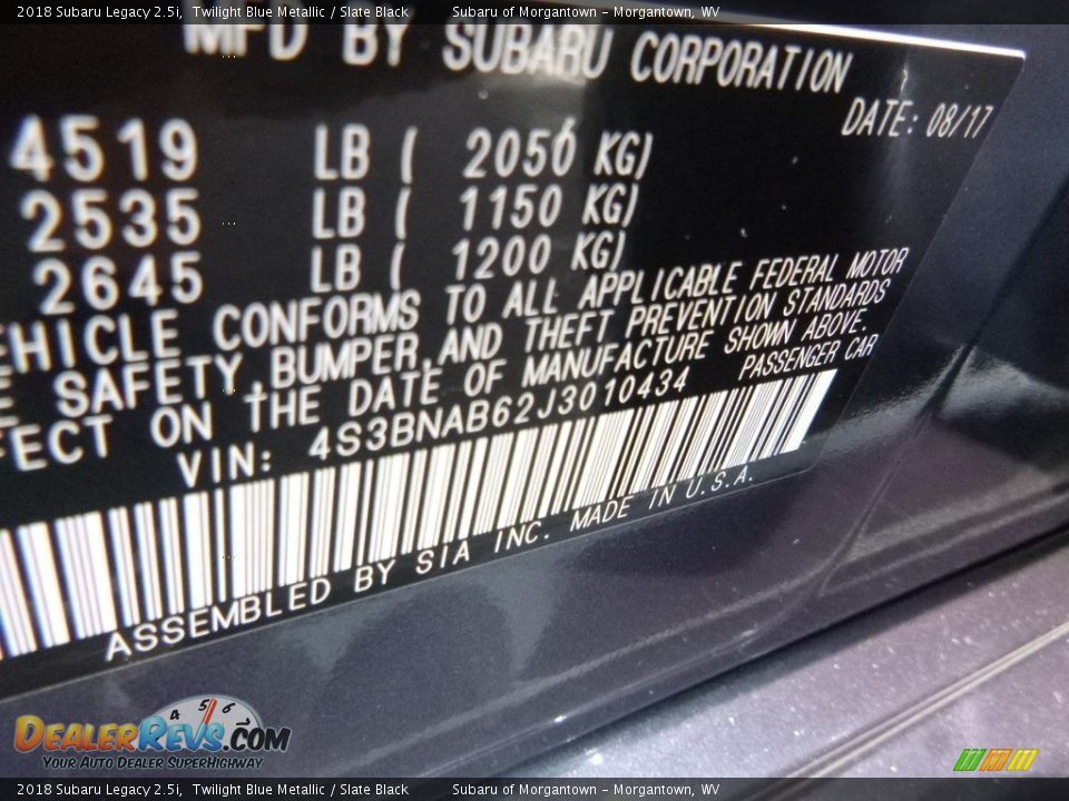2018 Subaru Legacy 2.5i Twilight Blue Metallic / Slate Black Photo #17