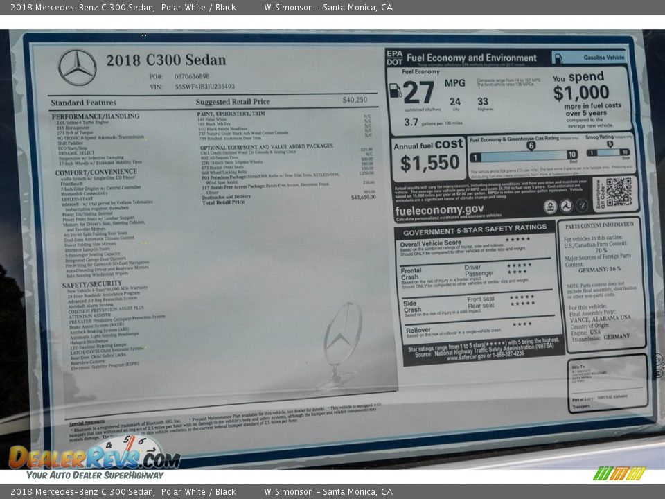 2018 Mercedes-Benz C 300 Sedan Polar White / Black Photo #11
