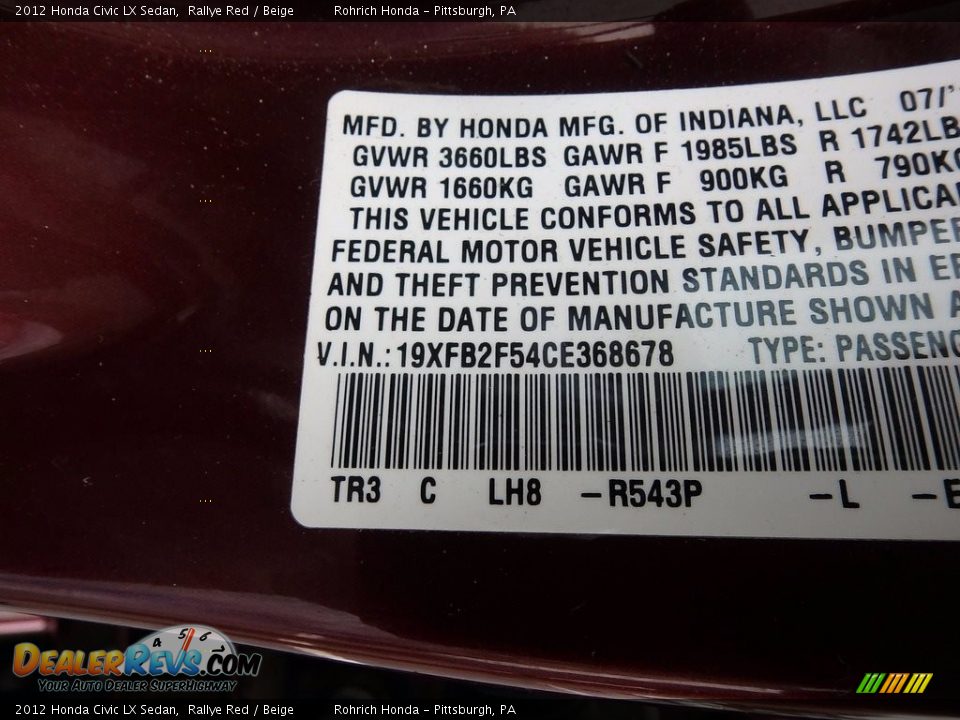 2012 Honda Civic LX Sedan Rallye Red / Beige Photo #27