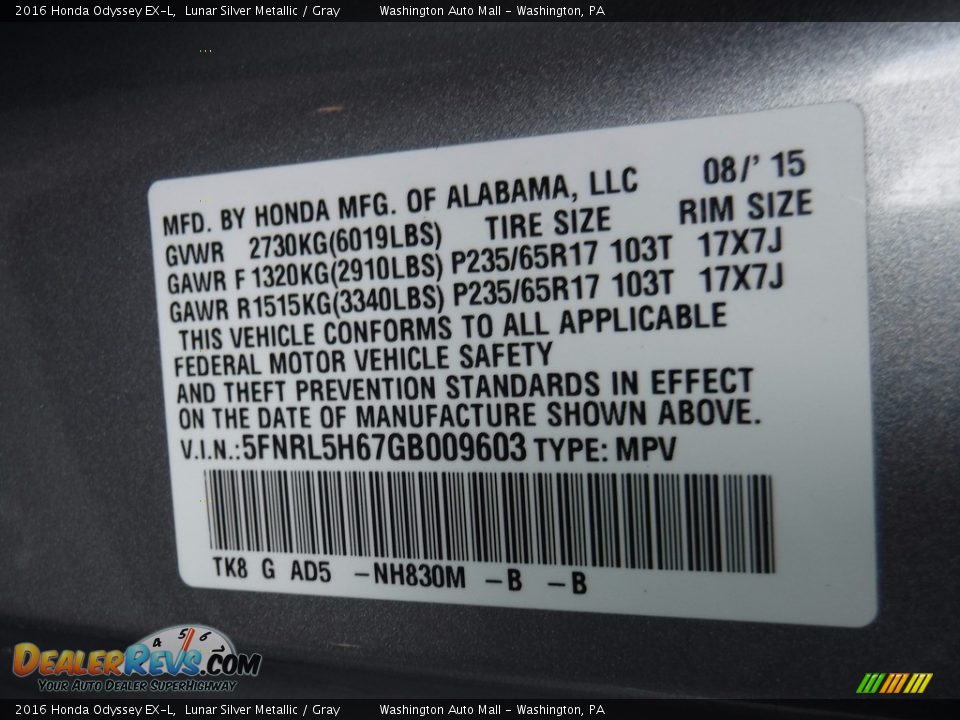 2016 Honda Odyssey EX-L Lunar Silver Metallic / Gray Photo #29