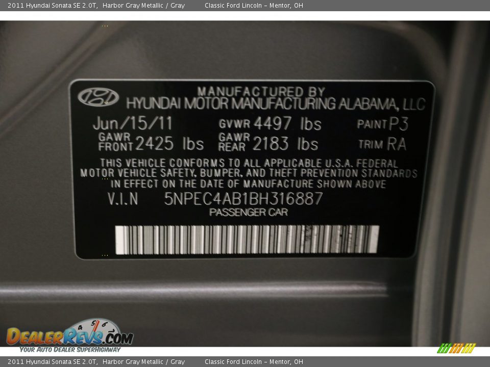2011 Hyundai Sonata SE 2.0T Harbor Gray Metallic / Gray Photo #19