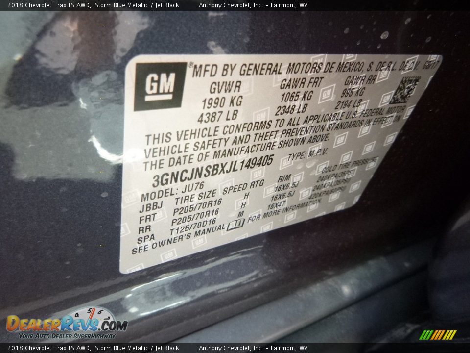 2018 Chevrolet Trax LS AWD Storm Blue Metallic / Jet Black Photo #16