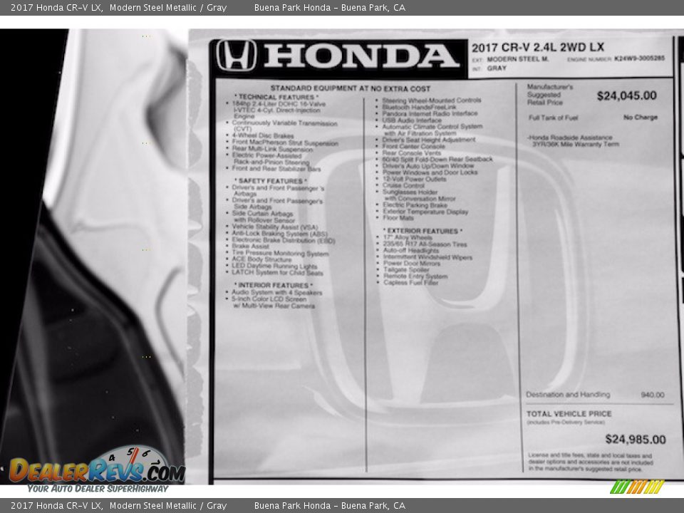 2017 Honda CR-V LX Modern Steel Metallic / Gray Photo #16