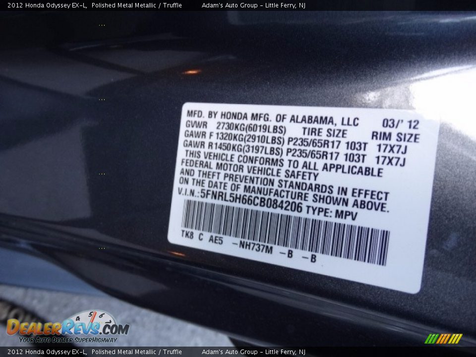 2012 Honda Odyssey EX-L Polished Metal Metallic / Truffle Photo #34