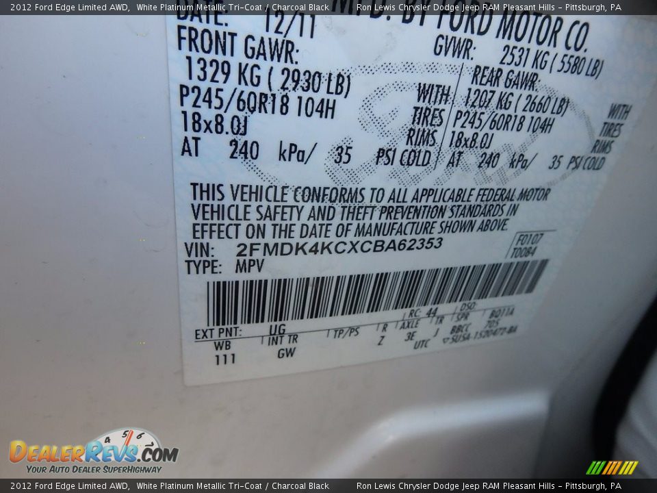 2012 Ford Edge Limited AWD White Platinum Metallic Tri-Coat / Charcoal Black Photo #13
