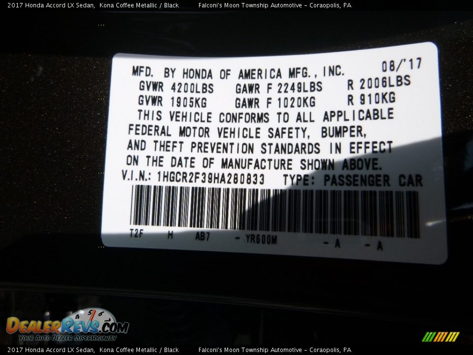 2017 Honda Accord LX Sedan Kona Coffee Metallic / Black Photo #12