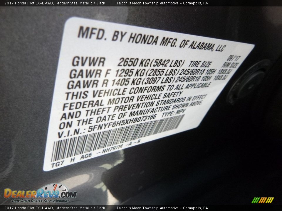 2017 Honda Pilot EX-L AWD Modern Steel Metallic / Black Photo #12