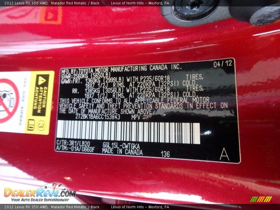 2012 Lexus RX 350 AWD Matador Red Metallic / Black Photo #12