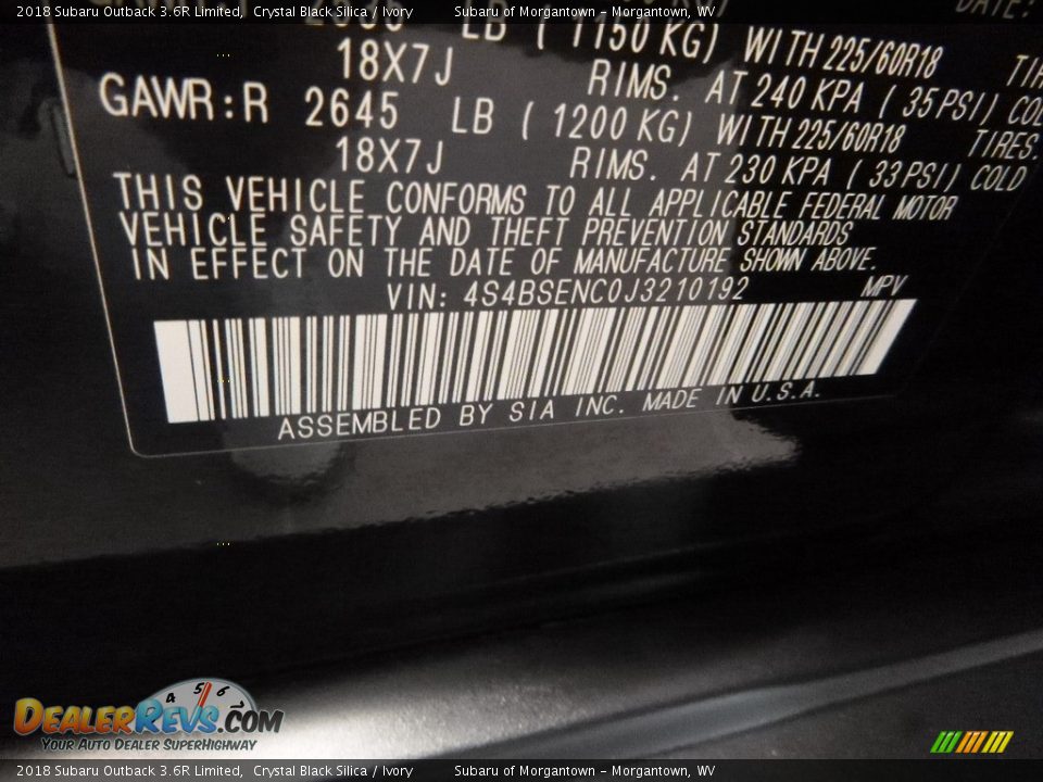 2018 Subaru Outback 3.6R Limited Crystal Black Silica / Ivory Photo #13