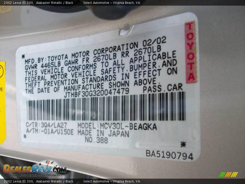 2002 Lexus ES 300 Alabaster Metallic / Black Photo #33