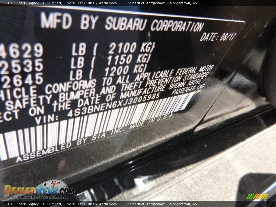 2018 Subaru Legacy 3.6R Limited Crystal Black Silica / Warm Ivory Photo #16