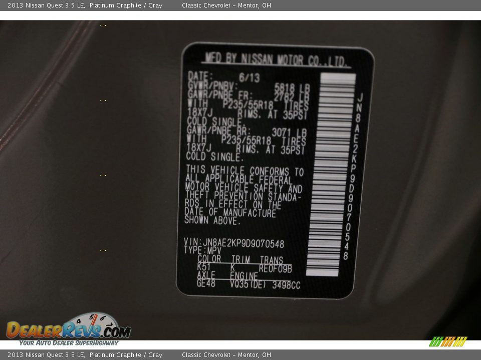 2013 Nissan Quest 3.5 LE Platinum Graphite / Gray Photo #22