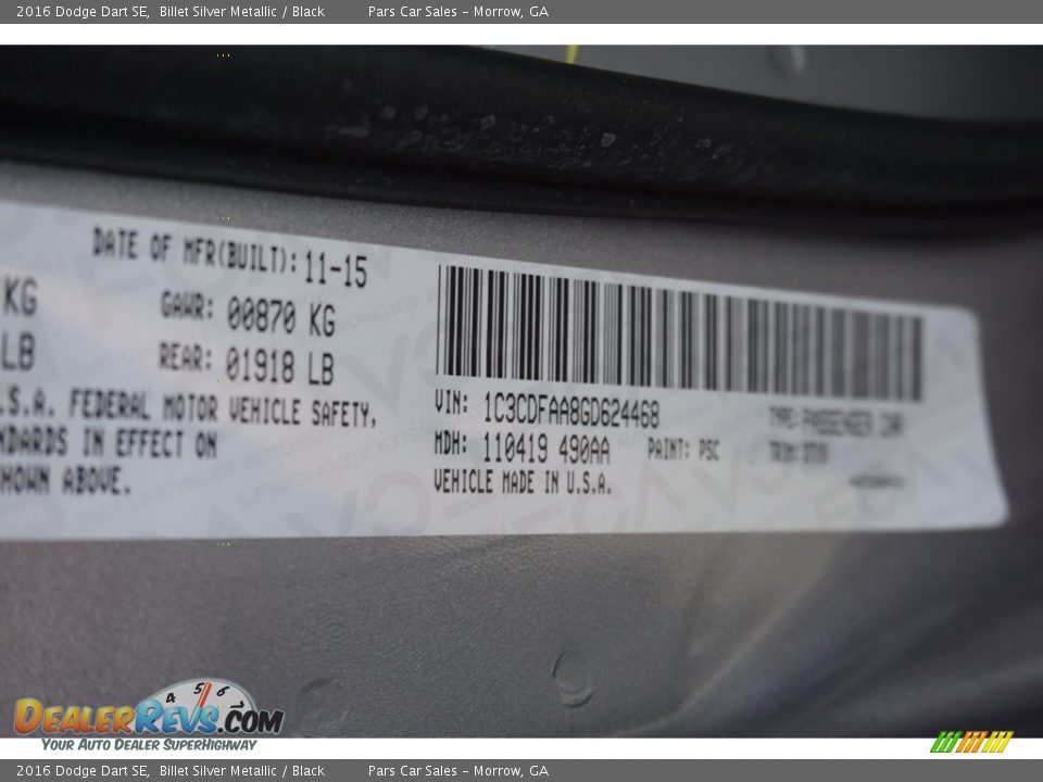 2016 Dodge Dart SE Billet Silver Metallic / Black Photo #12