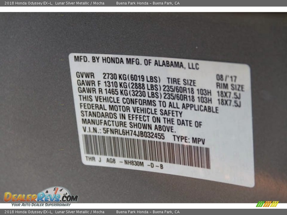 2018 Honda Odyssey EX-L Lunar Silver Metallic / Mocha Photo #19