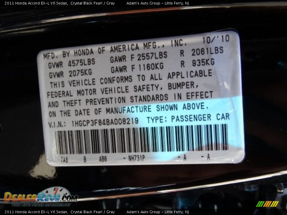 2011 Honda Accord EX-L V6 Sedan Crystal Black Pearl / Gray Photo #12