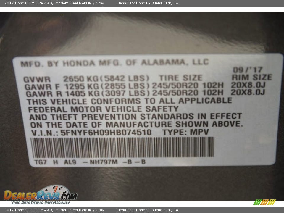 2017 Honda Pilot Elite AWD Modern Steel Metallic / Gray Photo #21