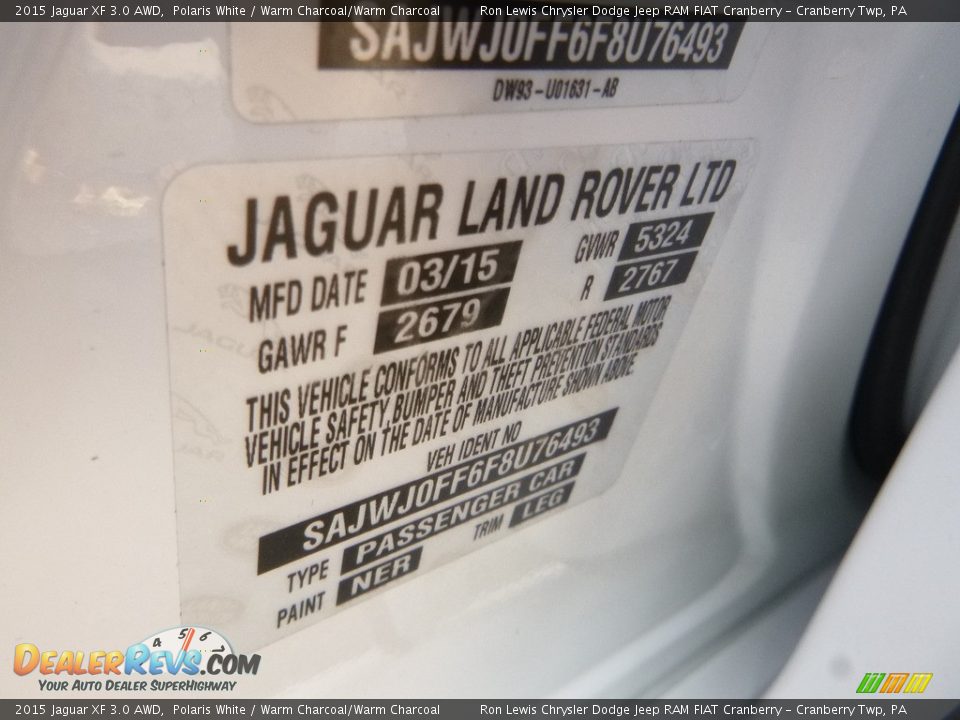 2015 Jaguar XF 3.0 AWD Polaris White / Warm Charcoal/Warm Charcoal Photo #15