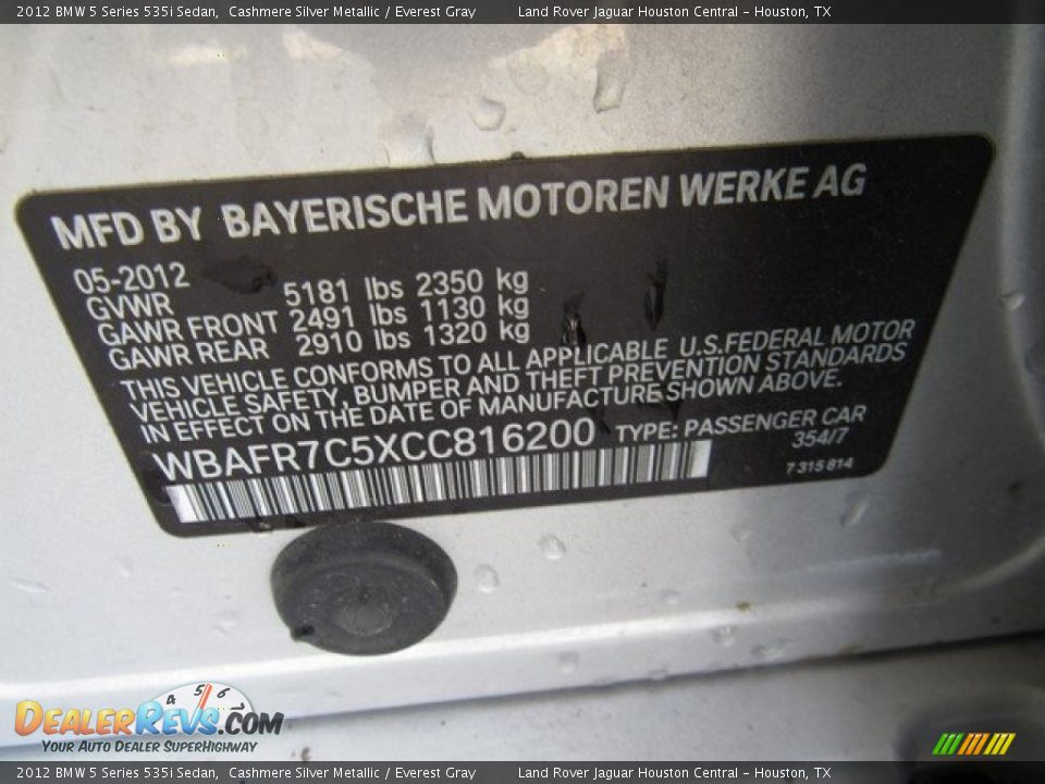 2012 BMW 5 Series 535i Sedan Cashmere Silver Metallic / Everest Gray Photo #36