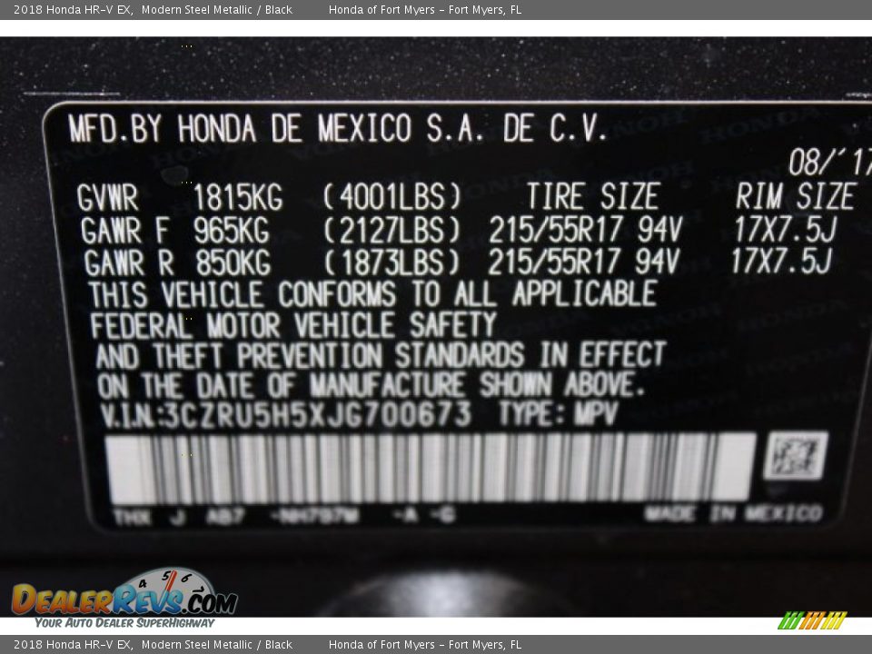 2018 Honda HR-V EX Modern Steel Metallic / Black Photo #26