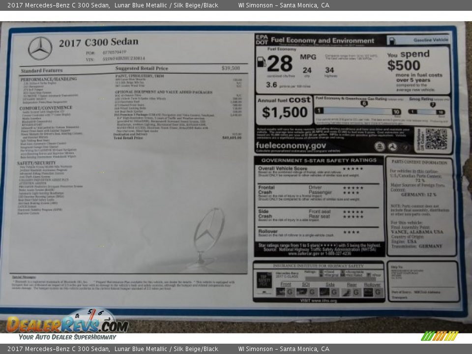 2017 Mercedes-Benz C 300 Sedan Lunar Blue Metallic / Silk Beige/Black Photo #11