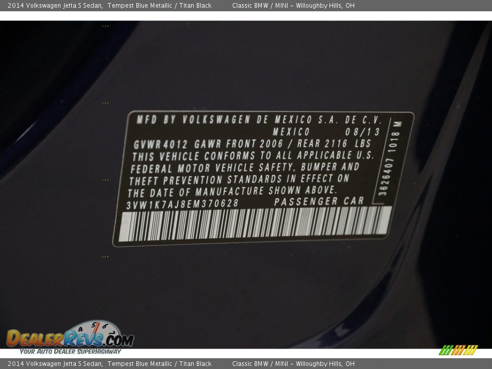 2014 Volkswagen Jetta S Sedan Tempest Blue Metallic / Titan Black Photo #17