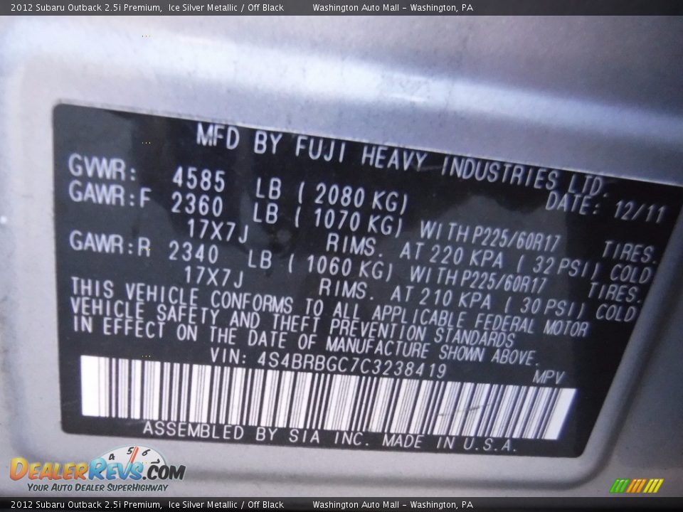 2012 Subaru Outback 2.5i Premium Ice Silver Metallic / Off Black Photo #29