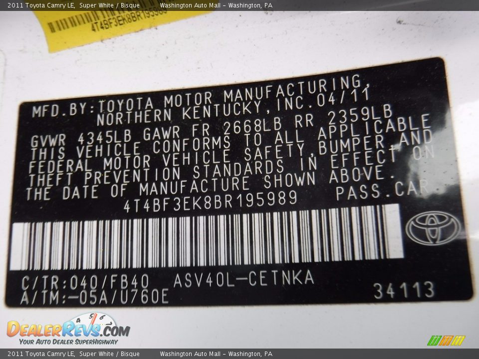 2011 Toyota Camry LE Super White / Bisque Photo #19