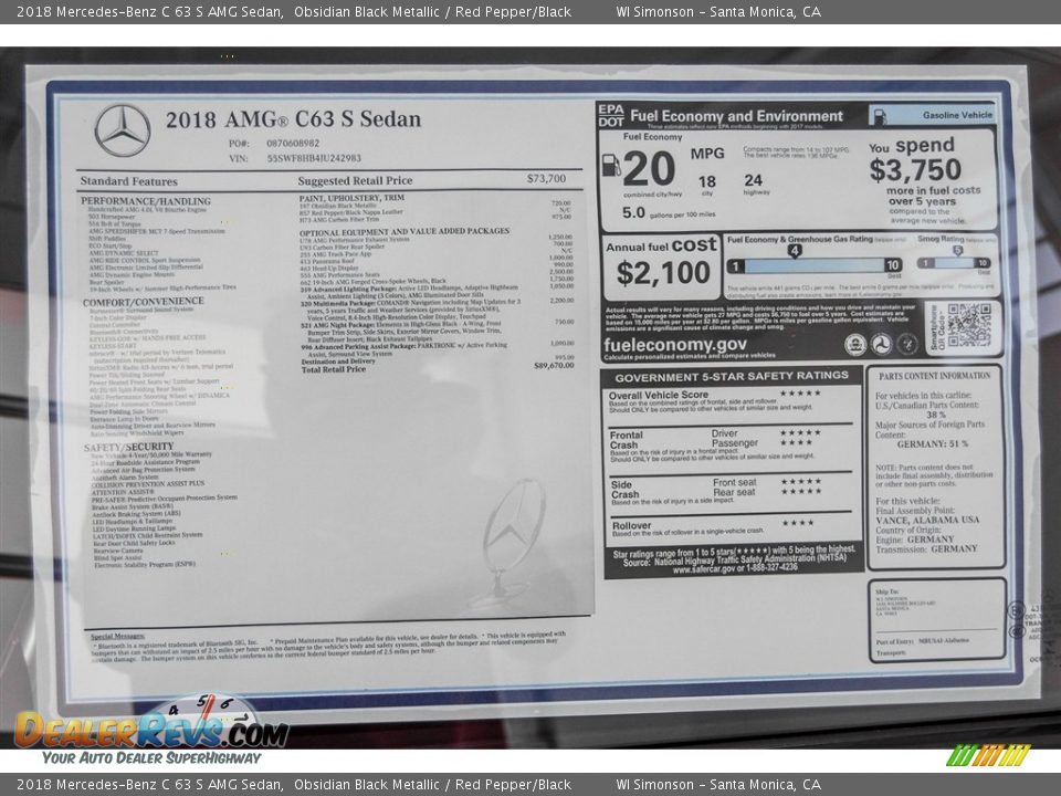 2018 Mercedes-Benz C 63 S AMG Sedan Window Sticker Photo #3