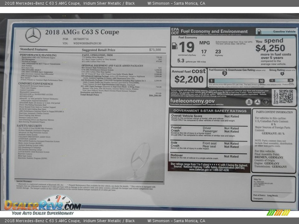 2018 Mercedes-Benz C 63 S AMG Coupe Window Sticker Photo #11