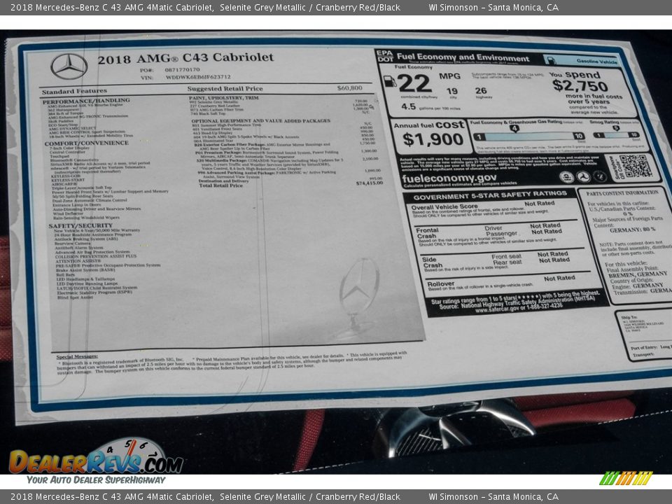 2018 Mercedes-Benz C 43 AMG 4Matic Cabriolet Window Sticker Photo #10