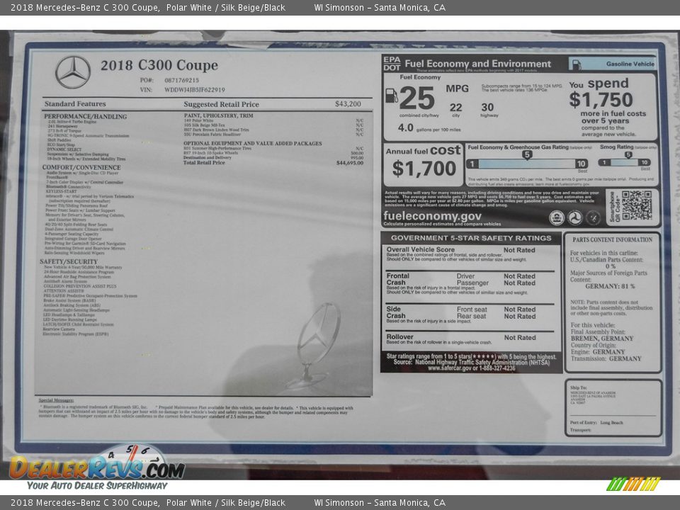 2018 Mercedes-Benz C 300 Coupe Window Sticker Photo #11