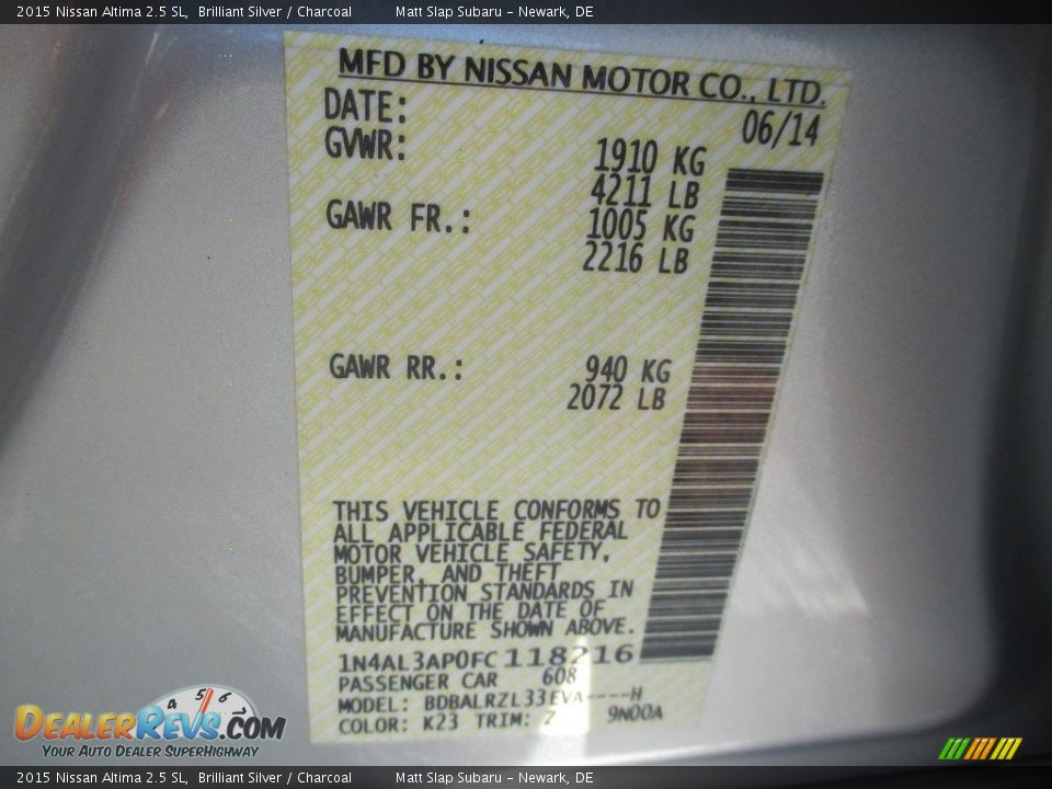 2015 Nissan Altima 2.5 SL Brilliant Silver / Charcoal Photo #29