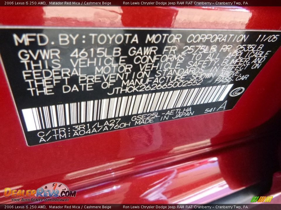 2006 Lexus IS 250 AWD Matador Red Mica / Cashmere Beige Photo #16