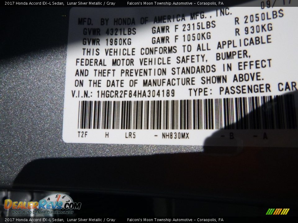 2017 Honda Accord EX-L Sedan Lunar Silver Metallic / Gray Photo #12