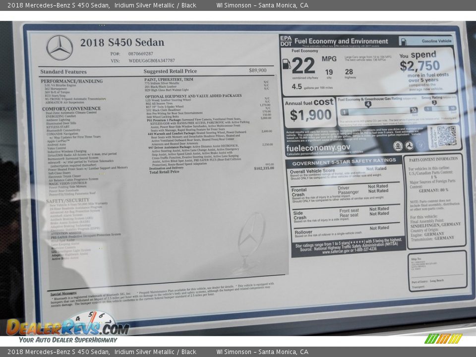 2018 Mercedes-Benz S 450 Sedan Window Sticker Photo #11