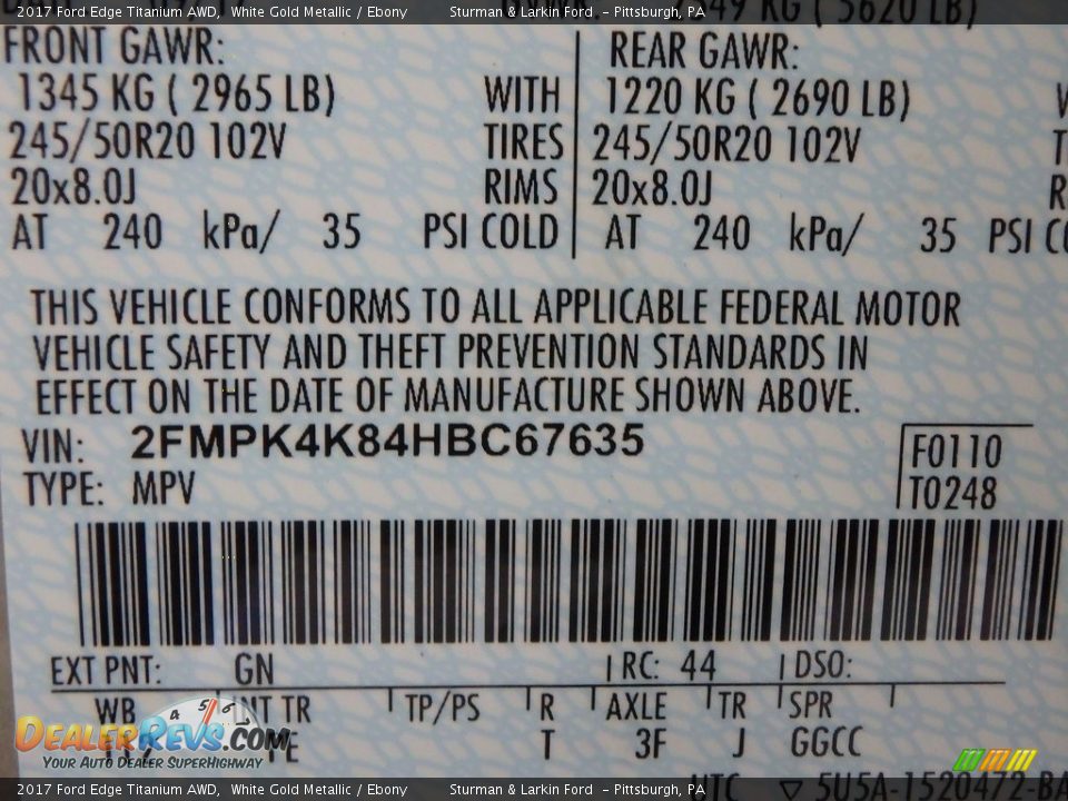 2017 Ford Edge Titanium AWD White Gold Metallic / Ebony Photo #10