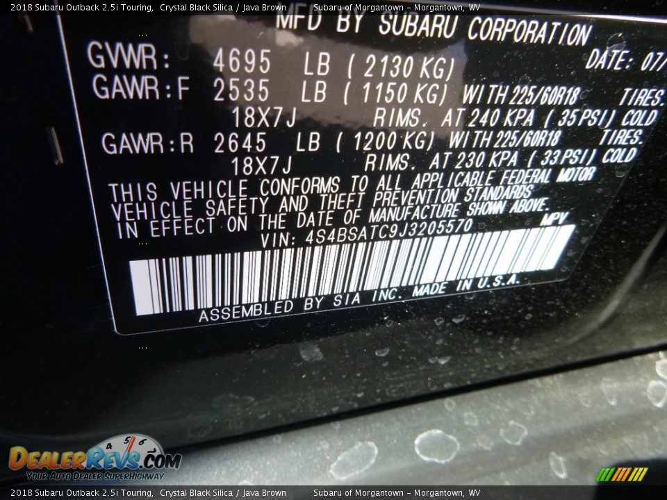 2018 Subaru Outback 2.5i Touring Crystal Black Silica / Java Brown Photo #16