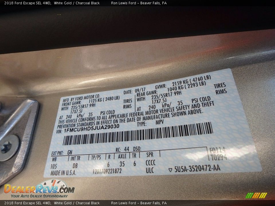 2018 Ford Escape SEL 4WD White Gold / Charcoal Black Photo #15