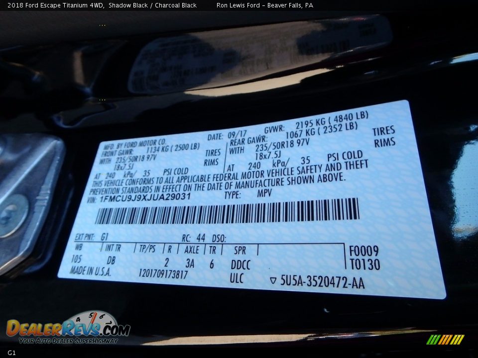 Ford Color Code G1 Shadow Black