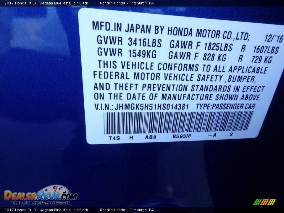 2017 Honda Fit LX Aegean Blue Metallic / Black Photo #27