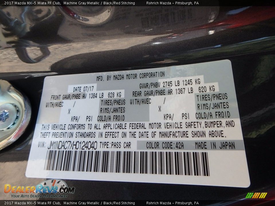 2017 Mazda MX-5 Miata RF Club Machine Gray Metallic / Black/Red Stitching Photo #10