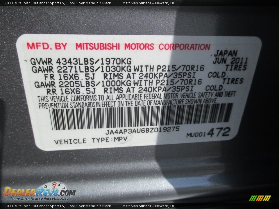 2011 Mitsubishi Outlander Sport ES Cool Silver Metallic / Black Photo #29