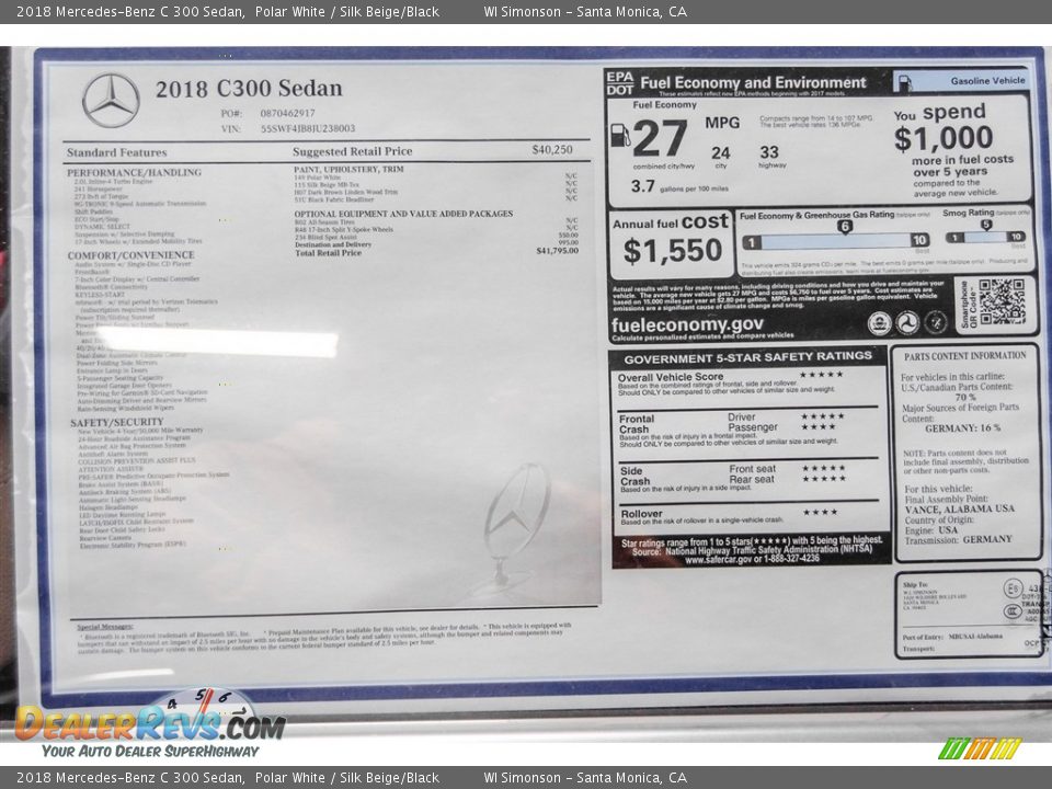 2018 Mercedes-Benz C 300 Sedan Polar White / Silk Beige/Black Photo #11