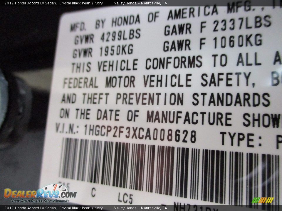 2012 Honda Accord LX Sedan Crystal Black Pearl / Ivory Photo #19