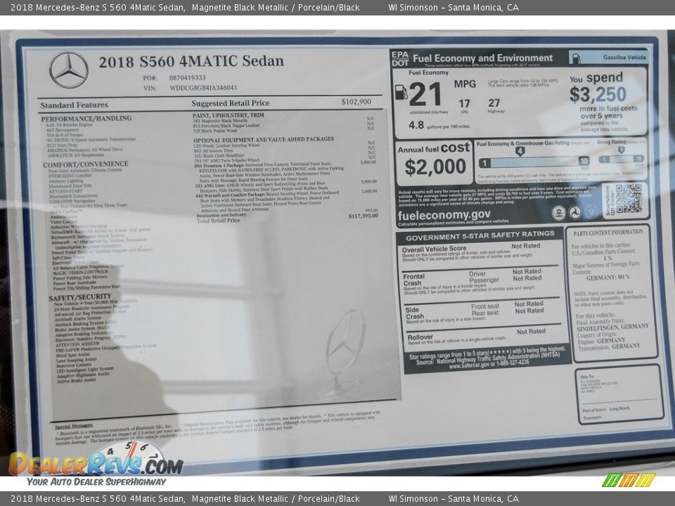 2018 Mercedes-Benz S 560 4Matic Sedan Window Sticker Photo #11