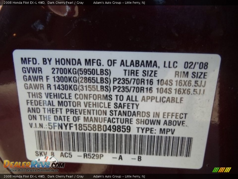 2008 Honda Pilot EX-L 4WD Dark Cherry Pearl / Gray Photo #10
