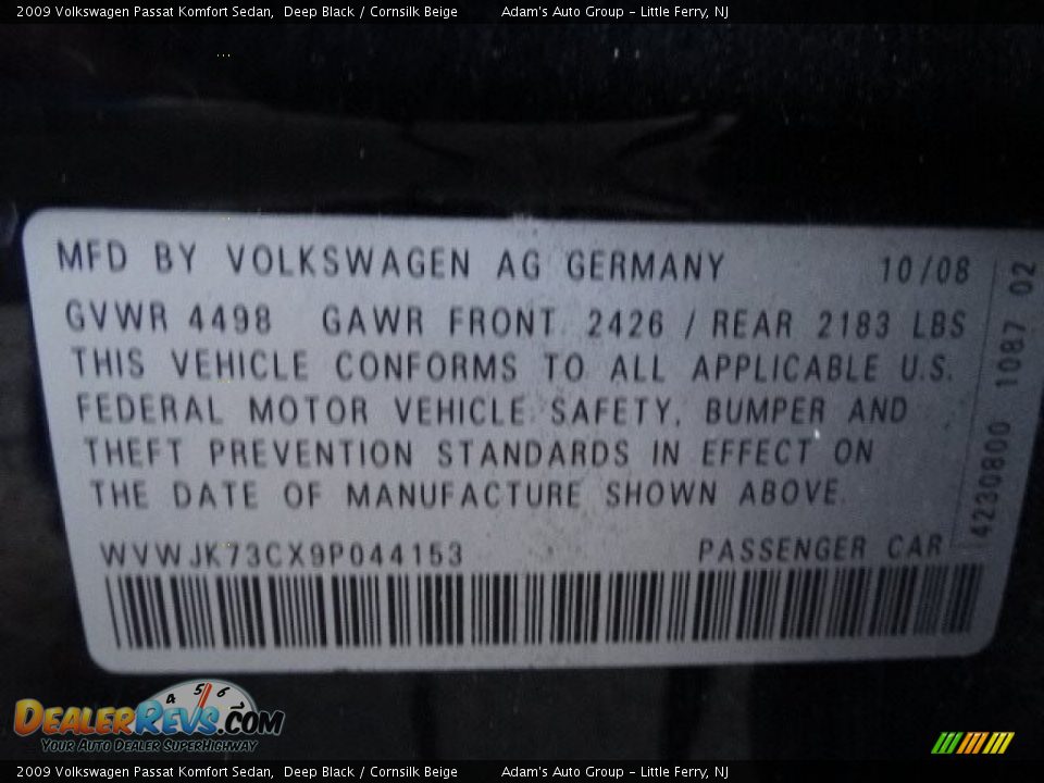 2009 Volkswagen Passat Komfort Sedan Deep Black / Cornsilk Beige Photo #13