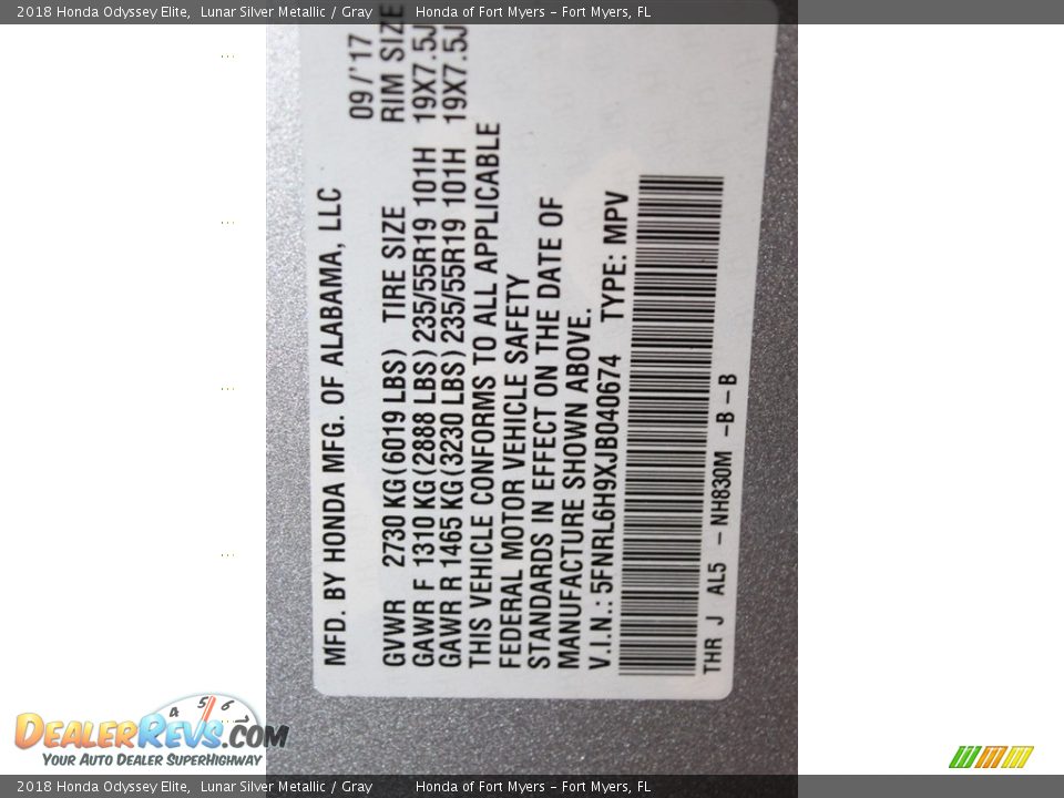 2018 Honda Odyssey Elite Lunar Silver Metallic / Gray Photo #29