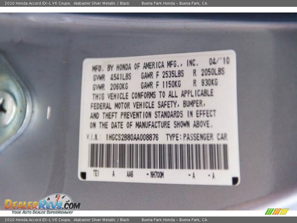 2010 Honda Accord EX-L V6 Coupe Alabaster Silver Metallic / Black Photo #27